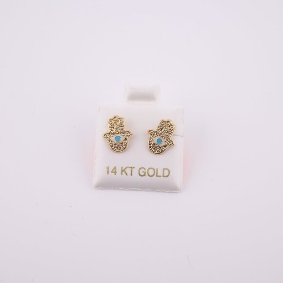 Women's 14K Gold Hamsa Hand Evil Eye Blue CZ Stud Earrings Spiritual Jewelry **‎ - Picture 1 of 7